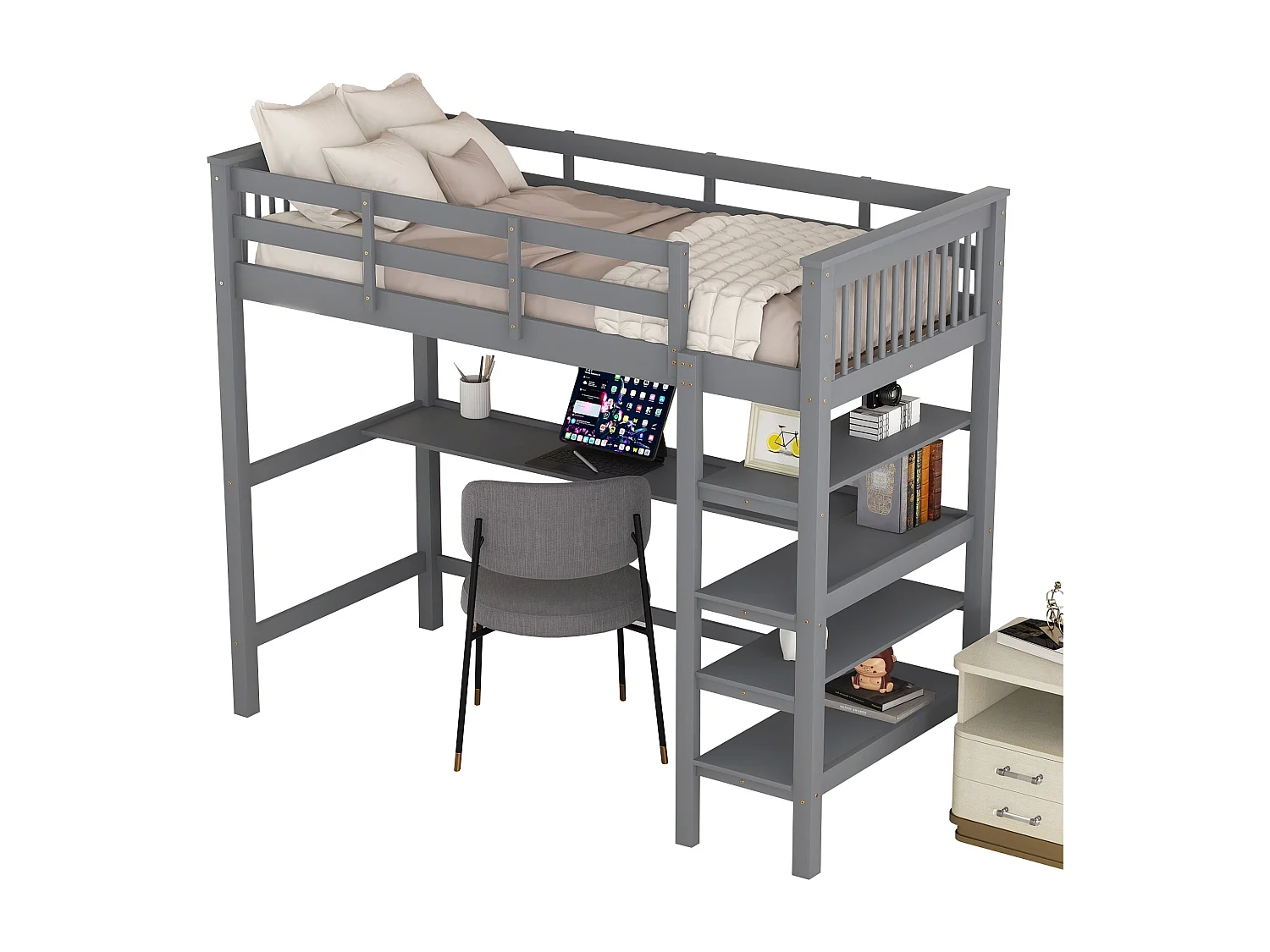 Kinderhochbett - 90 x 200 cm - Schreibtisch + Ablagefächer - grau