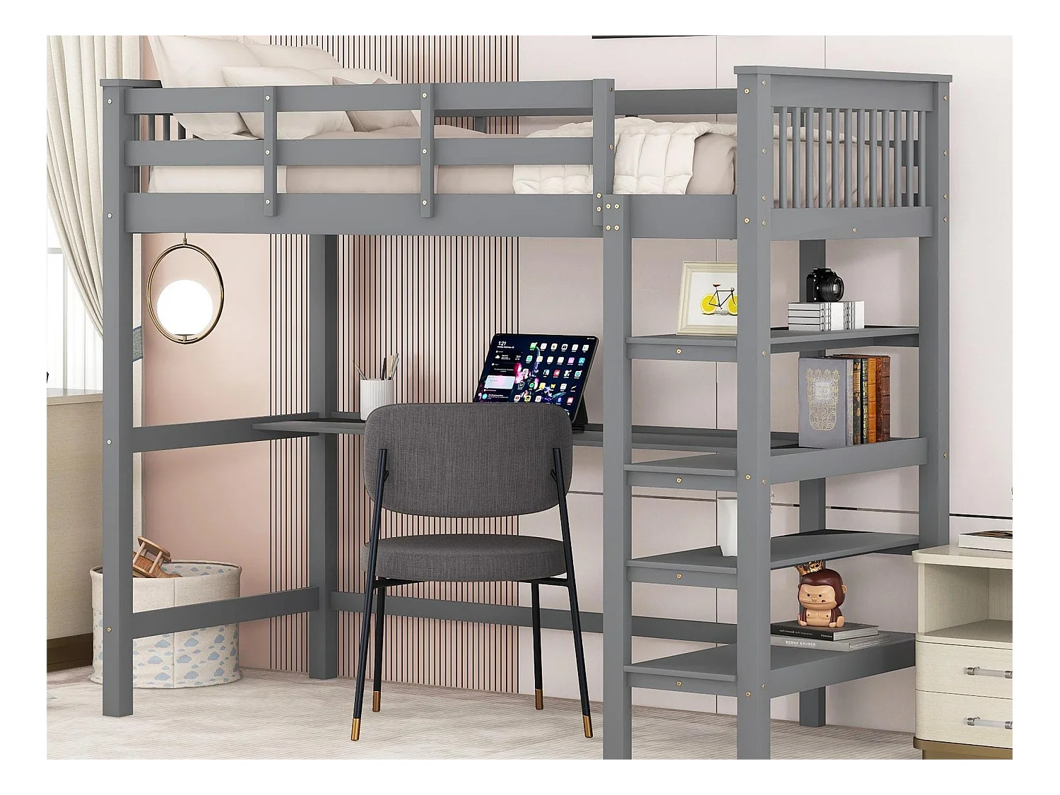 Lit mezzanine 90 x 200 cm pour enfant - bureau + étagères de rangement - gris
