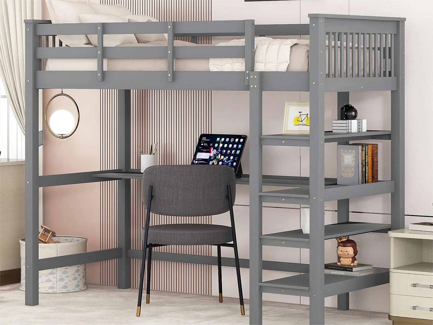 Kinderhoogslaper - 90 x 200 cm - bureau + opbergplanken - grijs