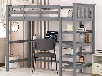 Kinderhochbett - 90 x 200 cm - Schreibtisch + Ablagefächer - grau