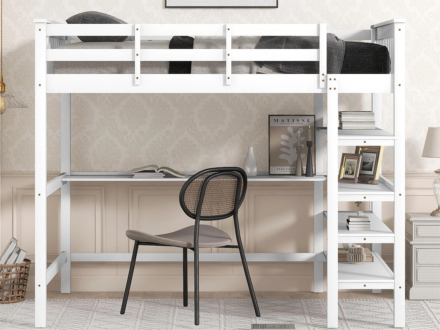 Mezzaninebed 140 x 200 cm - bureau + opbergplanken - grenen en MDF - wit