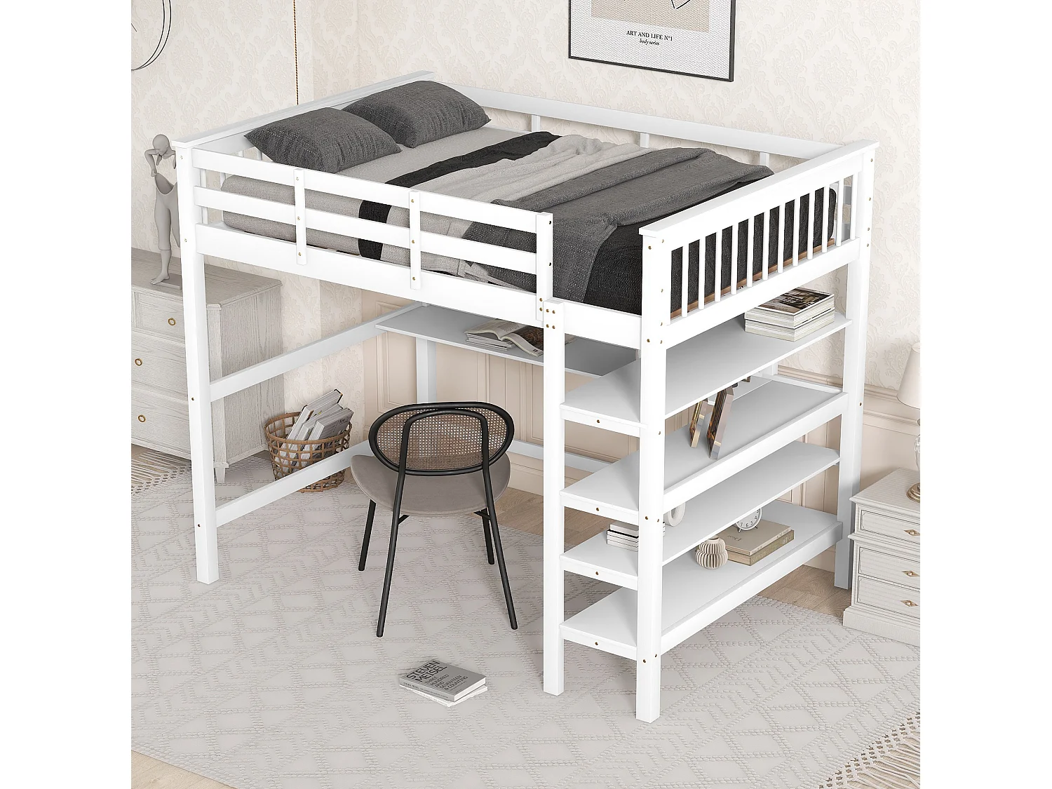 Mezzaninebed 140 x 200 cm - bureau + opbergplanken - grenen en MDF - wit