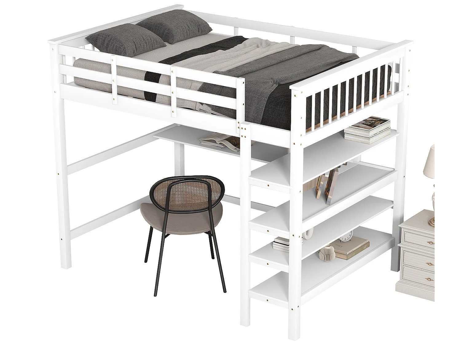 Mezzaninebed 140 x 200 cm - bureau + opbergplanken - grenen en MDF - wit