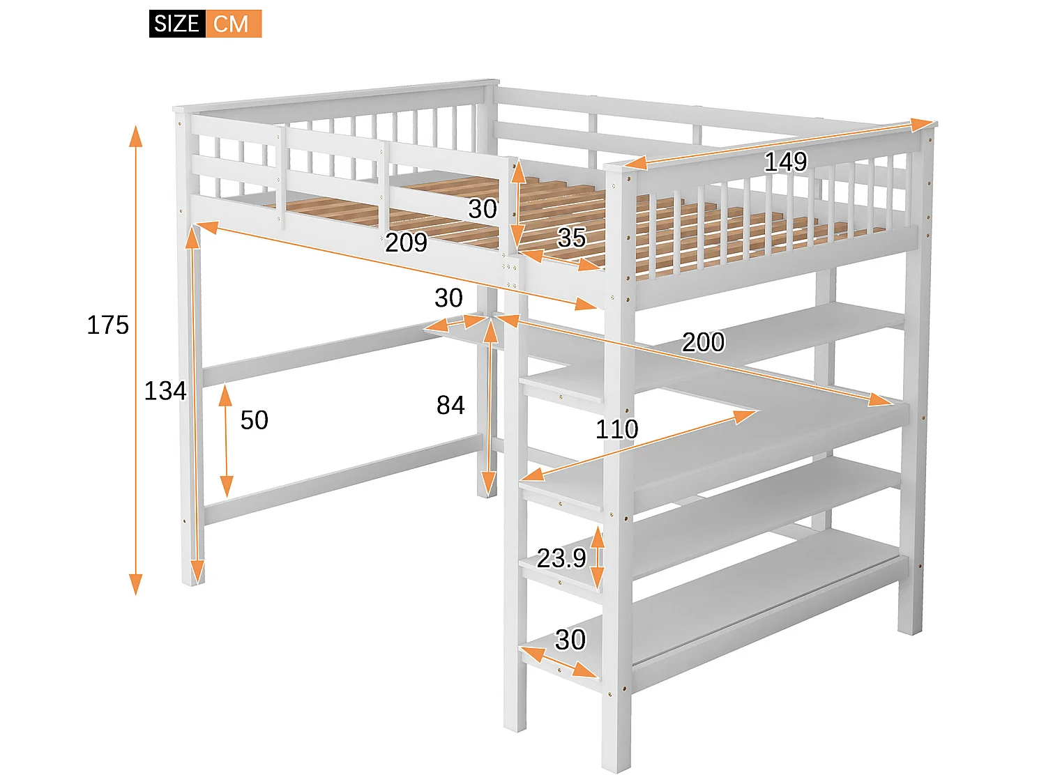Mezzaninebed 140 x 200 cm - bureau + opbergplanken - grenen en MDF - wit