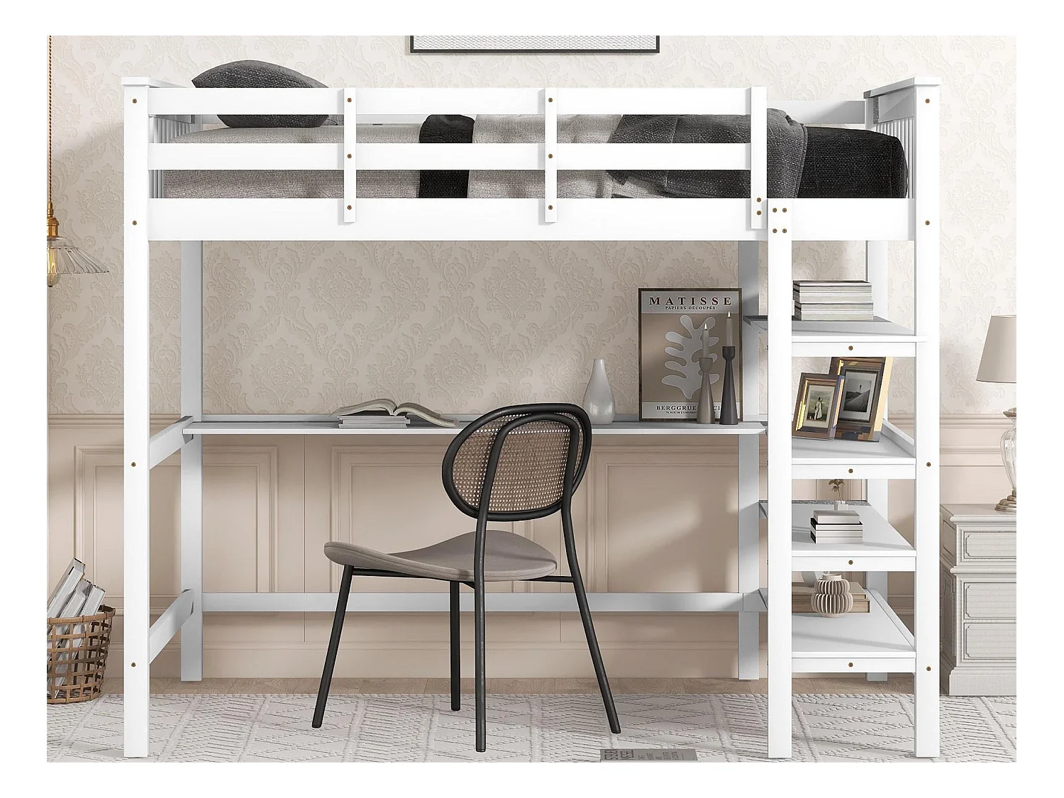 Lit mezzanine 140 x 200 cm - bureau + étagères de rangement - pin et MDF - blanc