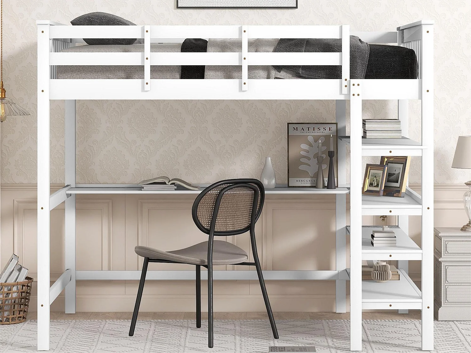 Mezzaninebed 140 x 200 cm - bureau + opbergplanken - grenen en MDF - wit