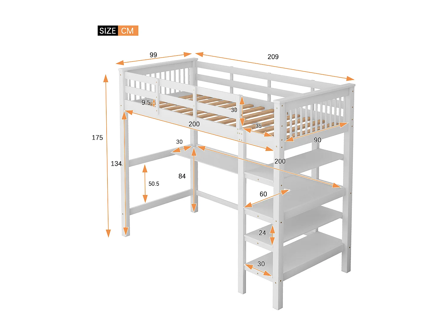 Letto a soppalco per bambini - 90 x 200 cm - scrivania + ripiani portaoggetti - bianco