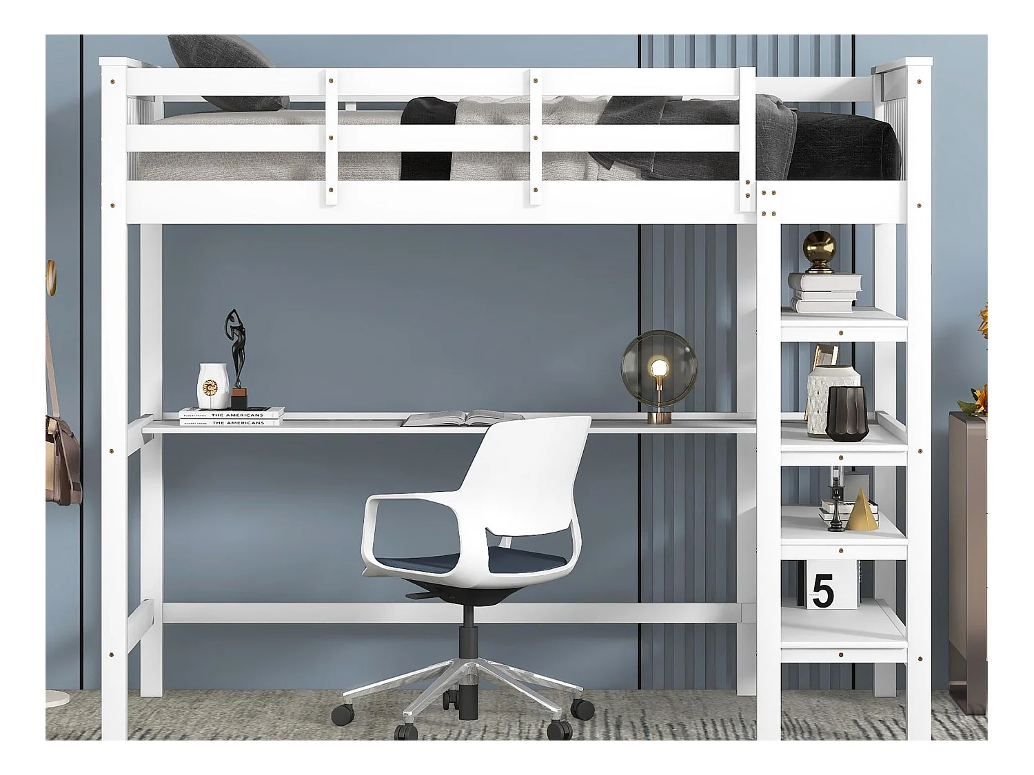 Kinderhoogslaper - 90 x 200 cm - bureau + opbergplanken - wit