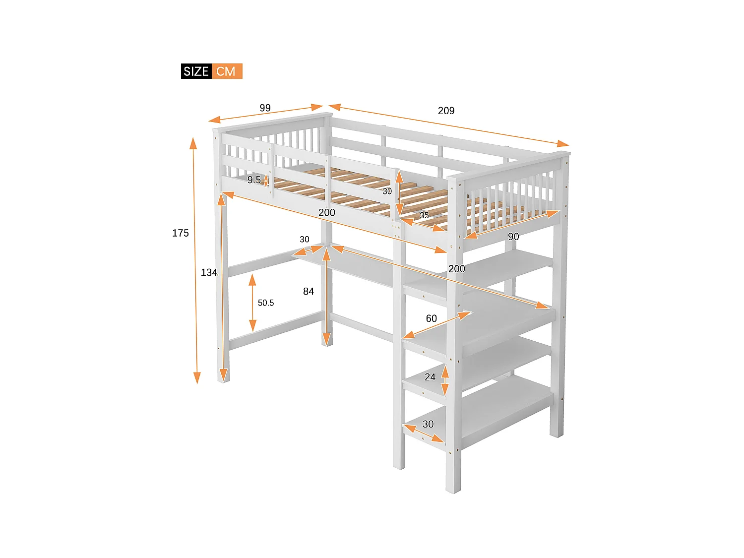 Lit mezzanine 90 x 200 cm pour enfant - bureau + étagères de rangement - blanc