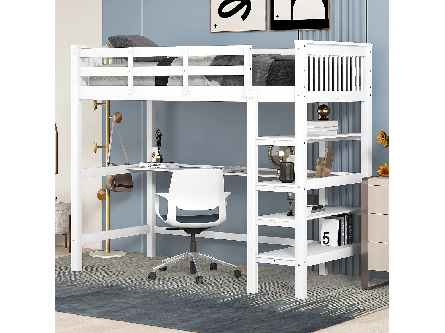 Letto a soppalco per bambini - 90 x 200 cm - scrivania + ripiani portaoggetti - bianco