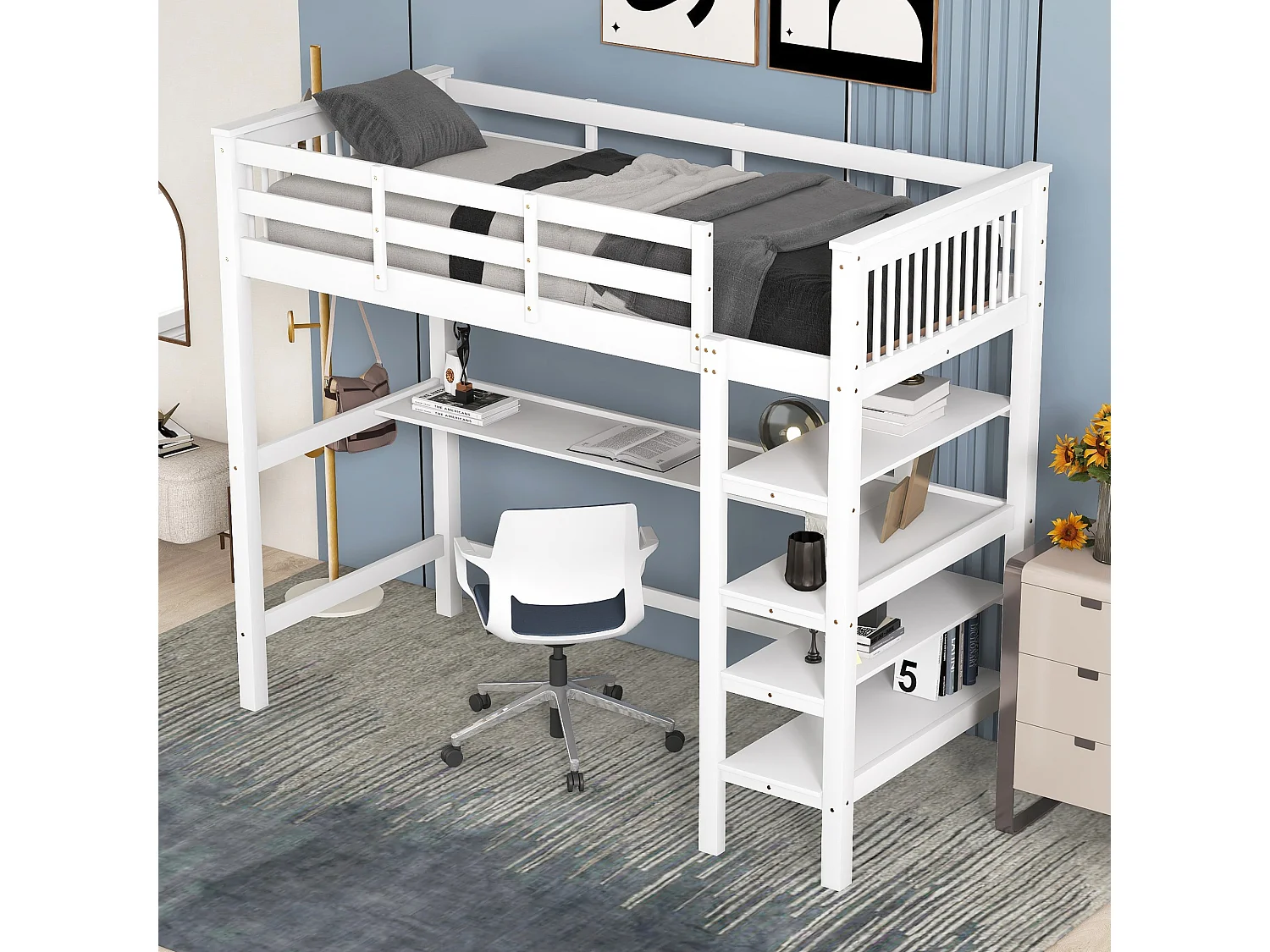 Letto a soppalco per bambini - 90 x 200 cm - scrivania + ripiani portaoggetti - bianco