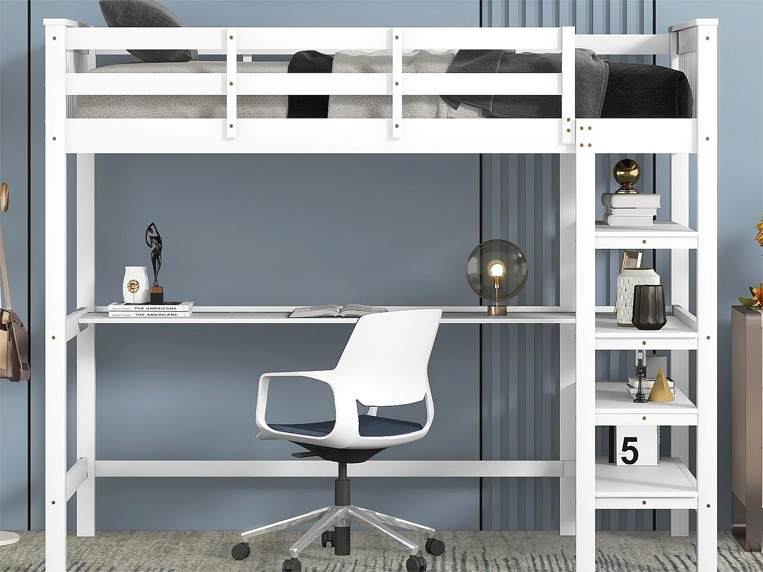 Kinderhoogslaper - 90 x 200 cm - bureau + opbergplanken - wit