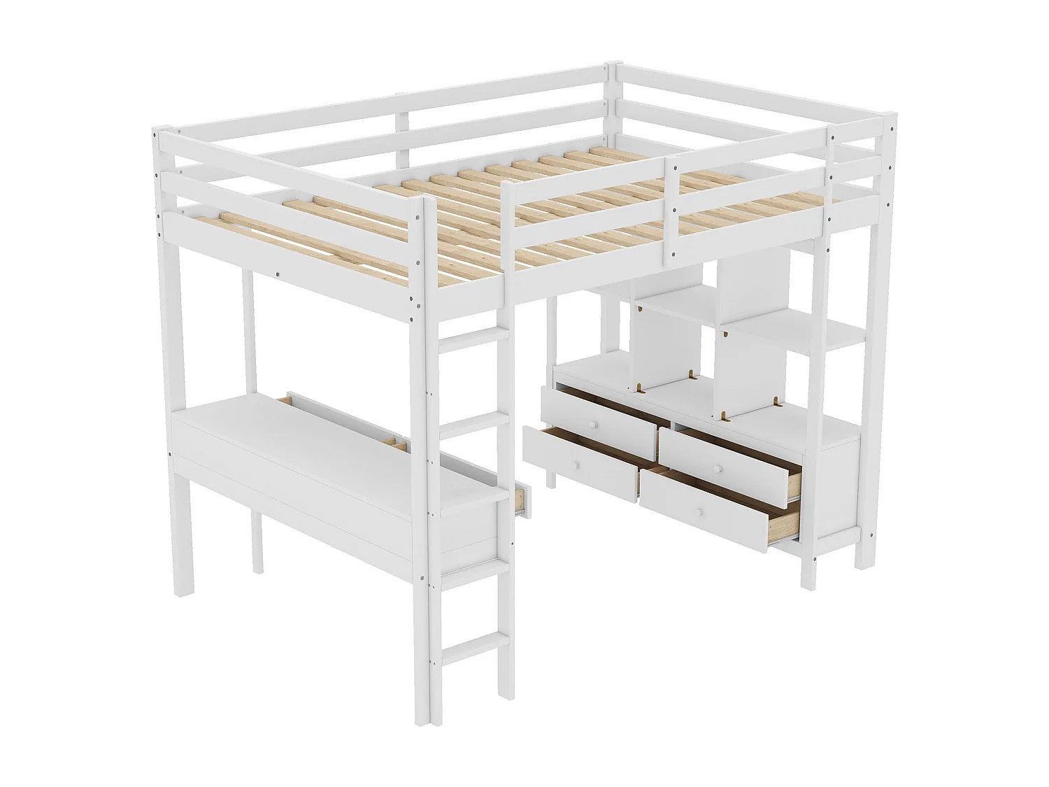 Cama mezanino infantil 140 x 200 cm - escrivaninha e gavetas - pinho - branco