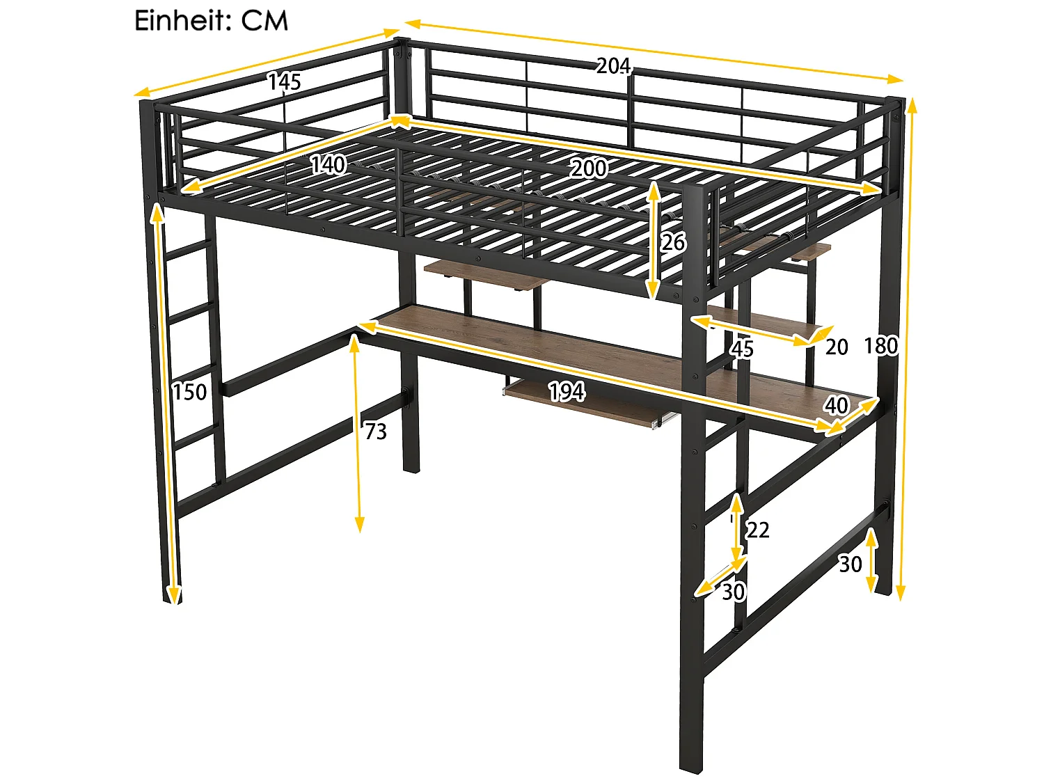 Lit mezzanine 140 x 200 cm - bureau et étagères - métal - noir
