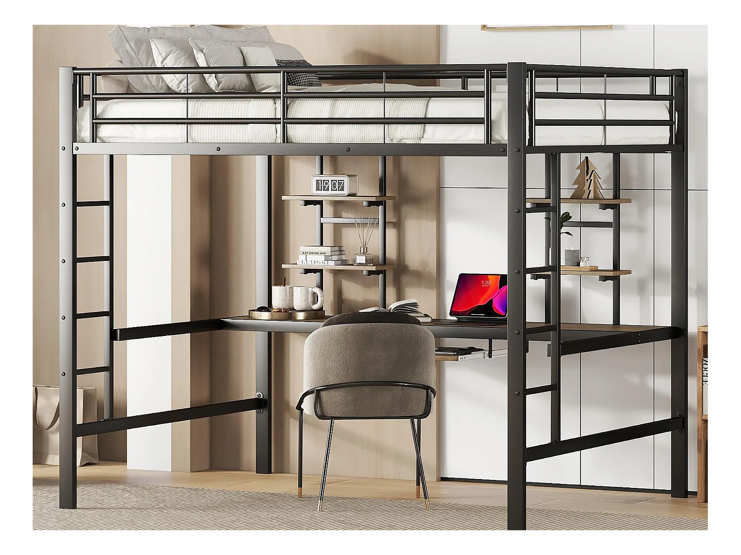 Lit mezzanine 140 x 200 cm - bureau et étagères - métal - noir