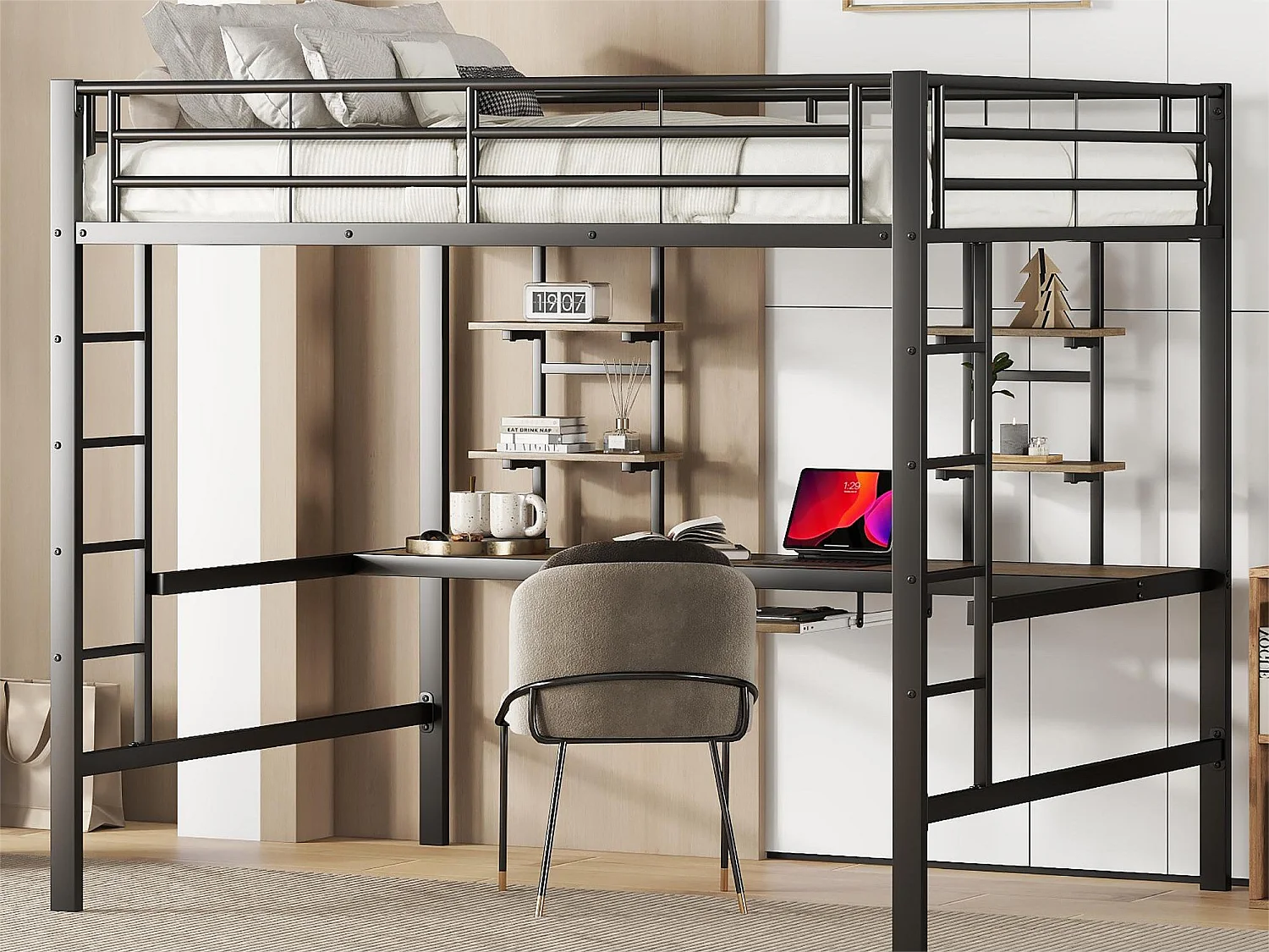 Lit mezzanine 140 x 200 cm - bureau et étagères - métal - noir