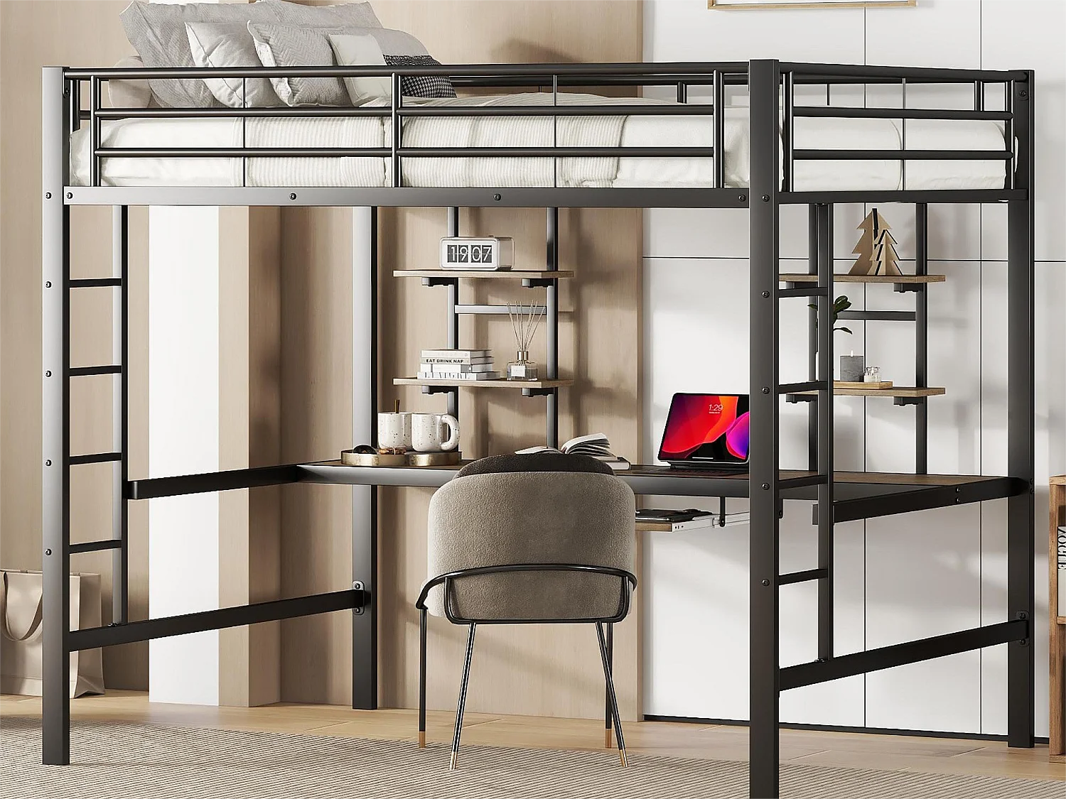 Mezzaninebed 140 x 200 cm - bureau en planken - metaal - zwart