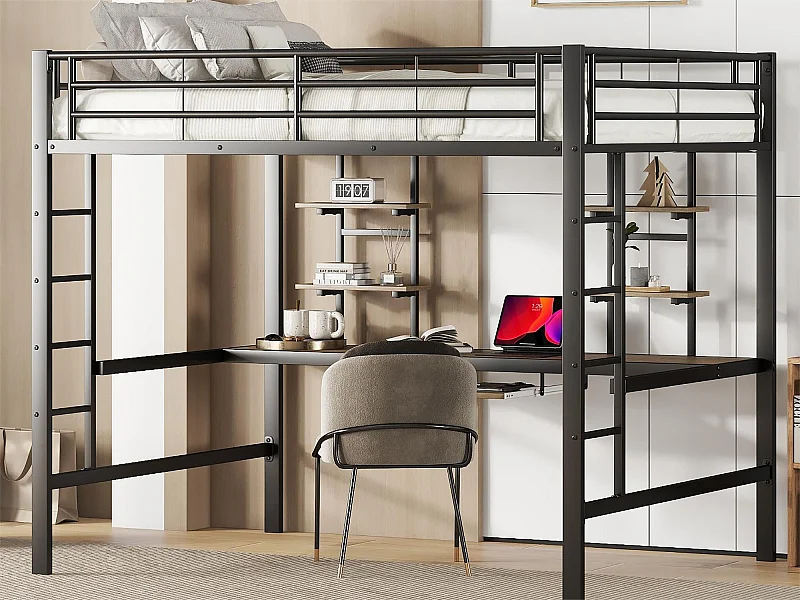 Lit mezzanine 140 x 200 cm - bureau et étagères - métal - noir