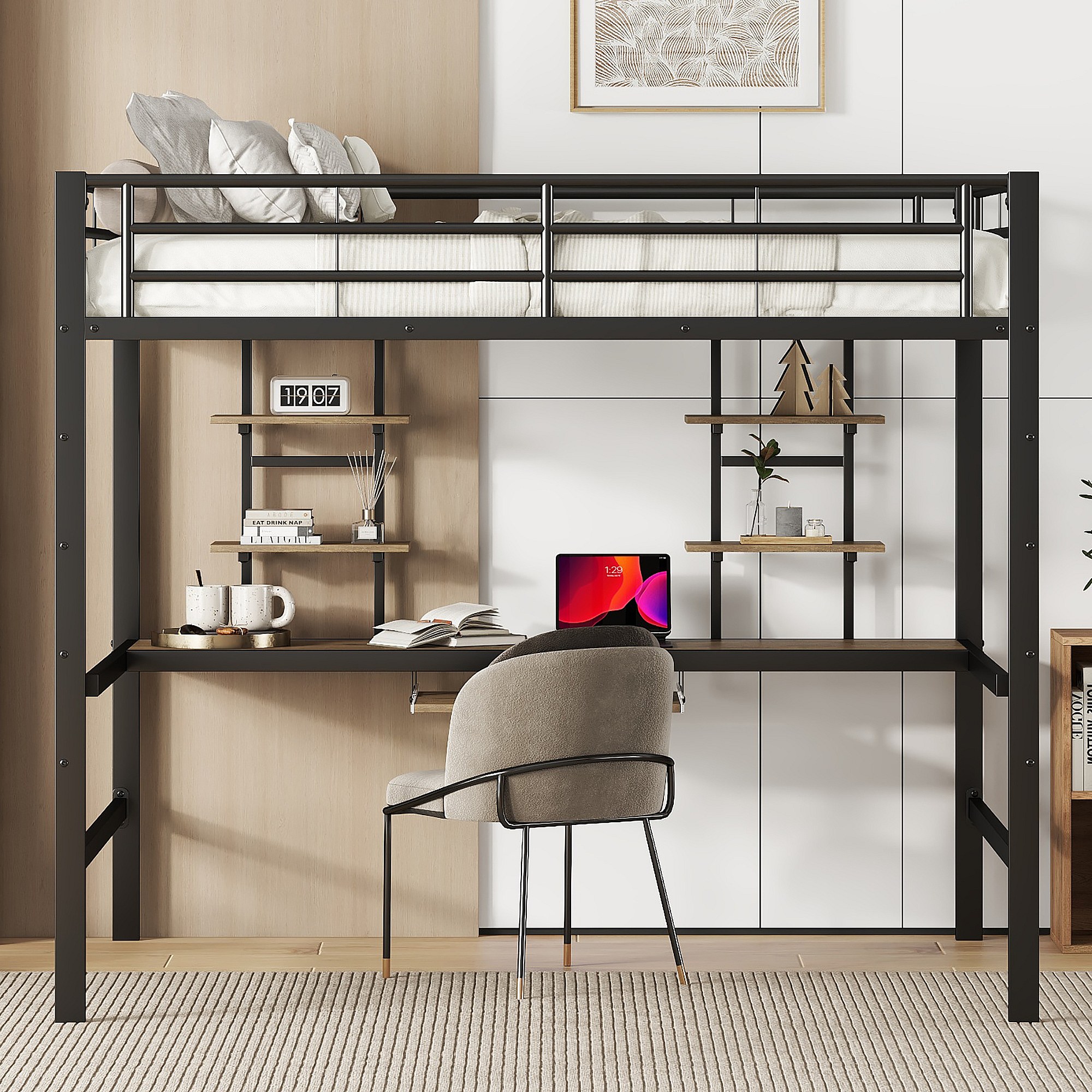 Lit Mezzanine 140x200 Cm Avec Bureau Et Escalier - Structure Métal Et MDF - Sans Matelas - Noir - Capacité 240 Kg