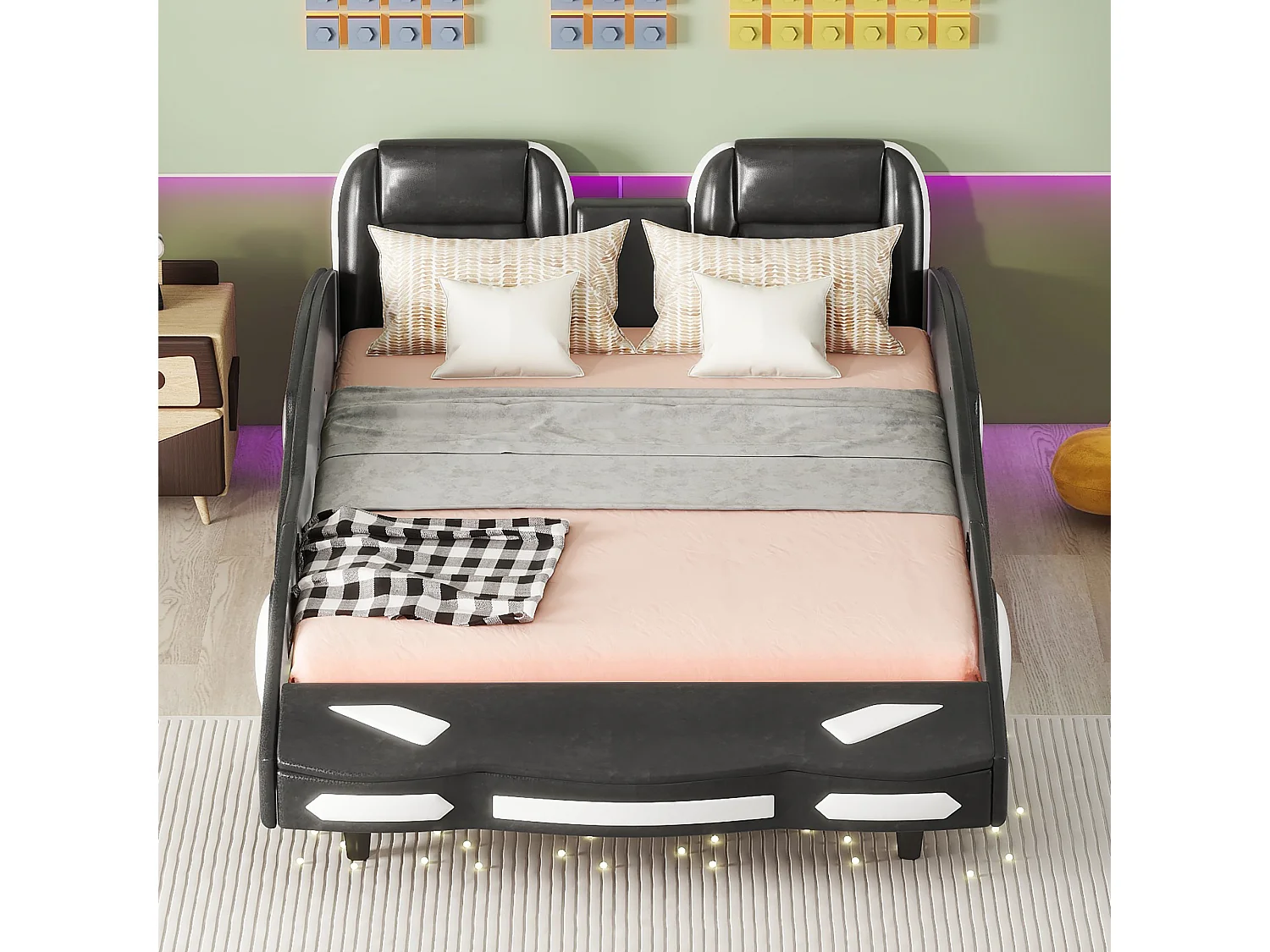 Lit voiture - 140 x 200 cm - cuir pu - Gris