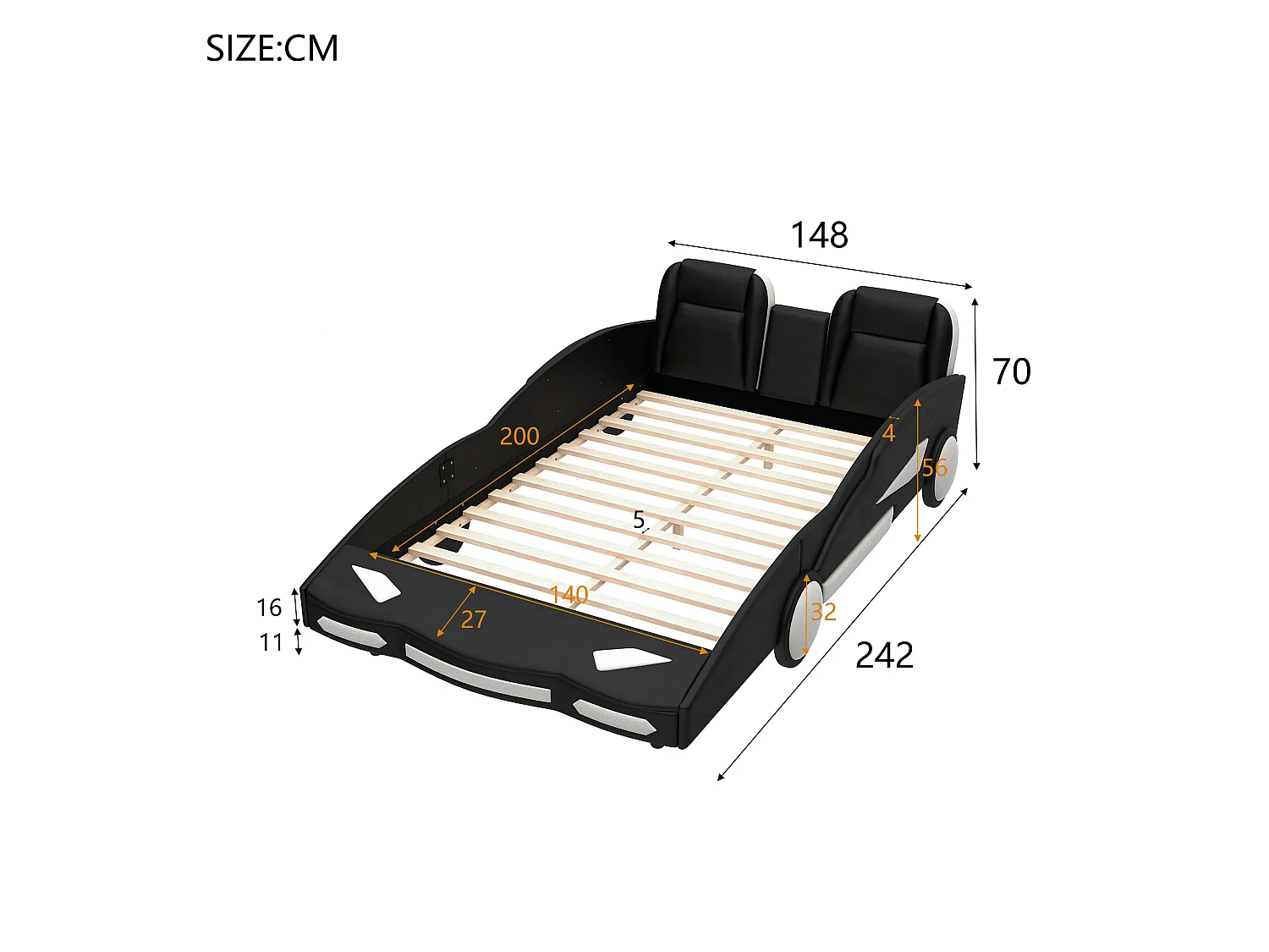 Lit voiture - 140 x 200 cm - cuir pu - Gris