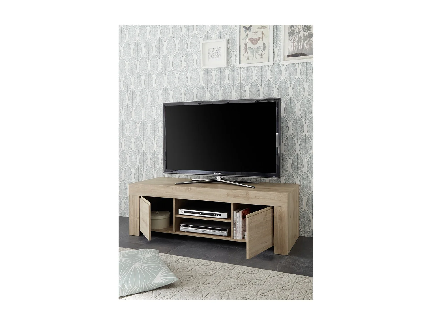 TV-Möbel mit 2 Türen, Kollektion ZEFIR, Farbe helles Eichenholz, ideal für ein trendiges und modernes Wohnzimmer.