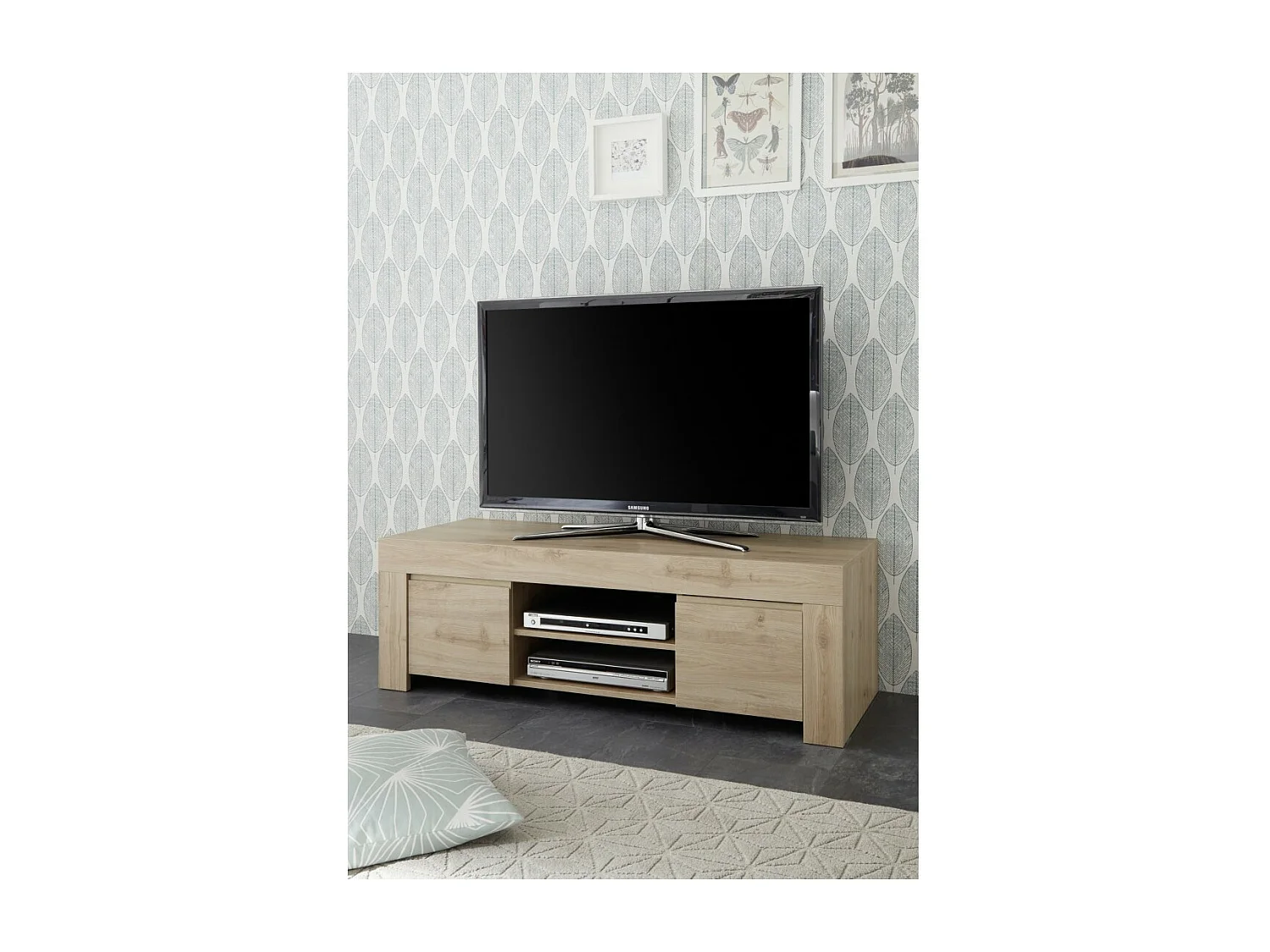 Meuble TV 2 portes, collection ZEFIR, coloris chêne clair, idéal pour un salon tendance et moderne