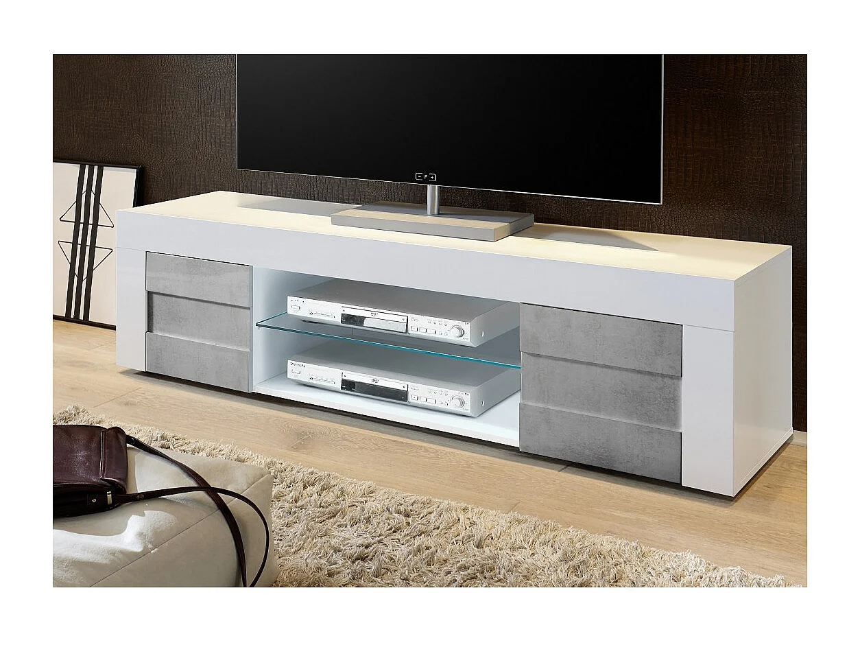 Móvel para TV 180cm, 2 portas, coleção JET, cor branco laqueado brilhante e cinza com aspecto de concreto.