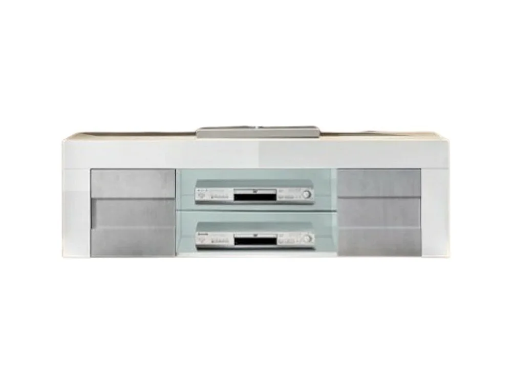 Tv-meubel 180cm, 2 deuren, collectie JET, in hoogglans wit gelakt en grijs betonlook.