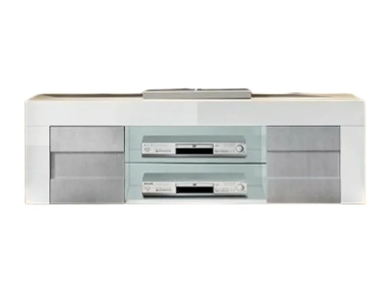 Móvel para TV 180cm, 2 portas, coleção JET, cor branco laqueado brilhante e cinza com aspecto de concreto.
