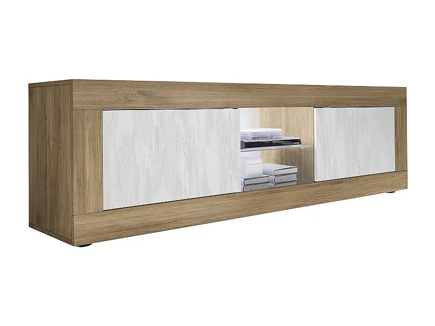 Mueble para TV de 2 puertas sin iluminación ACCESS. Color blanco y roble oscuro.