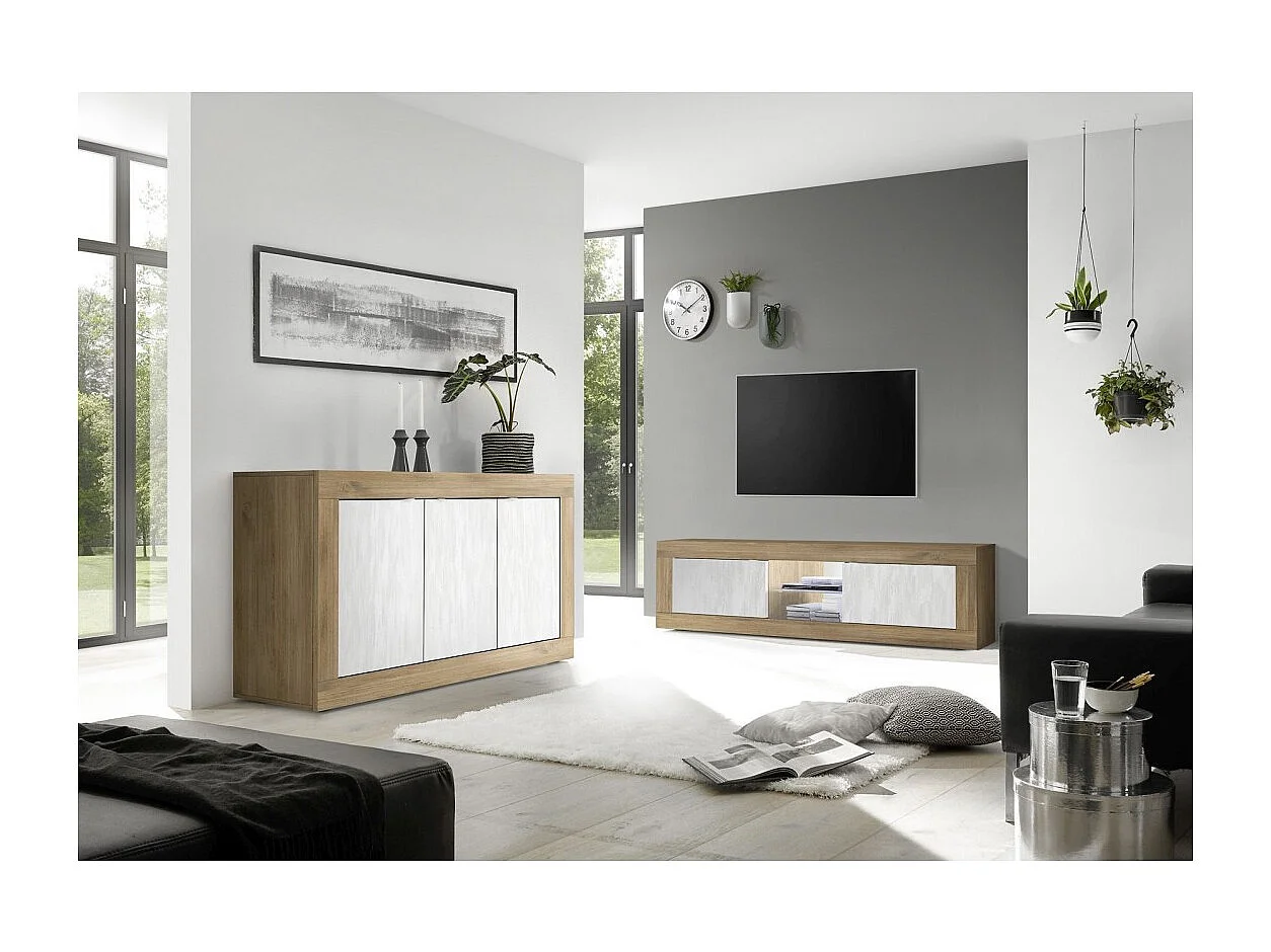 Mueble para TV de 2 puertas sin iluminación ACCESS. Color blanco y roble oscuro.