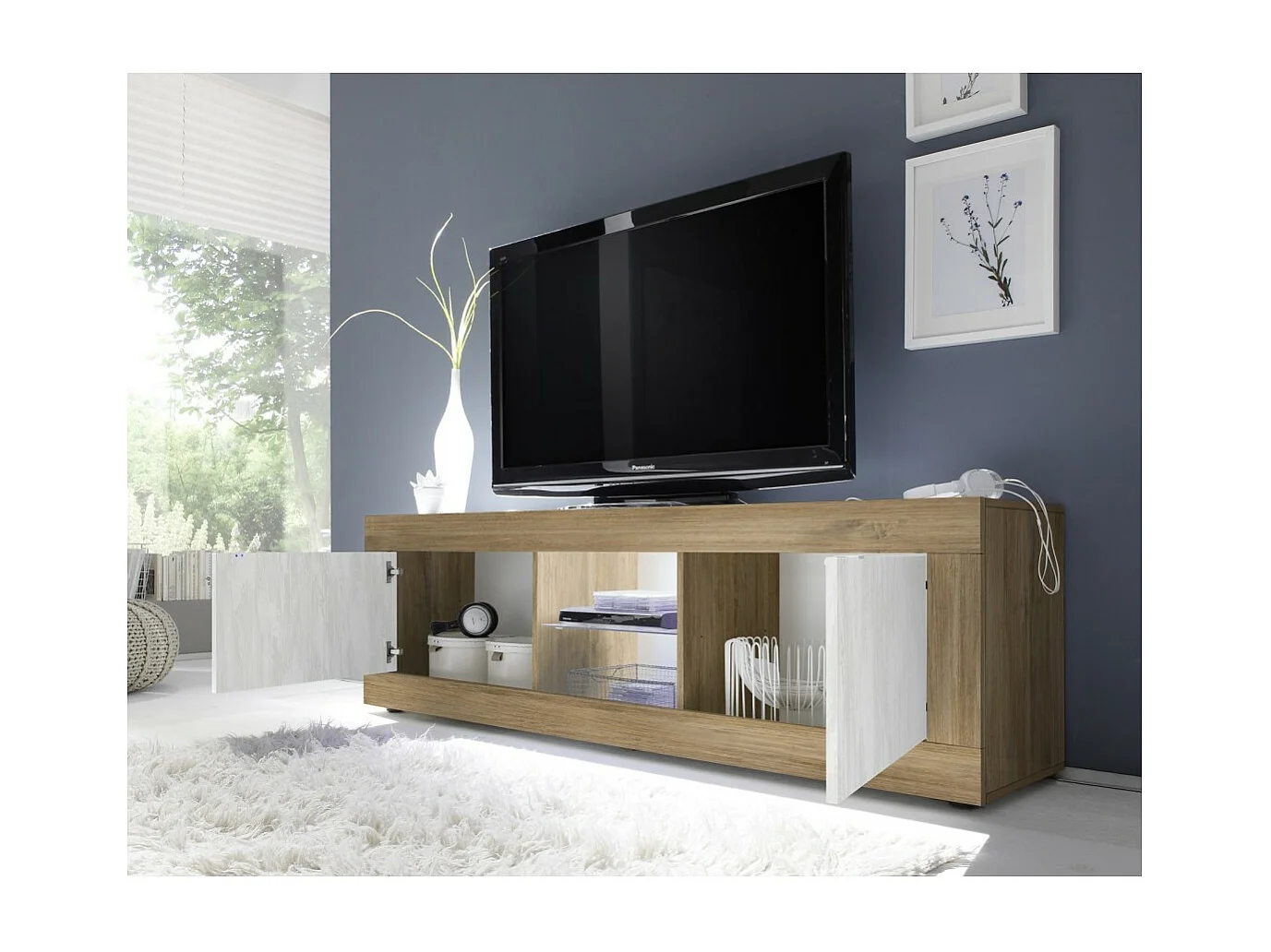 Mueble para TV de 2 puertas sin iluminación ACCESS. Color blanco y roble oscuro.