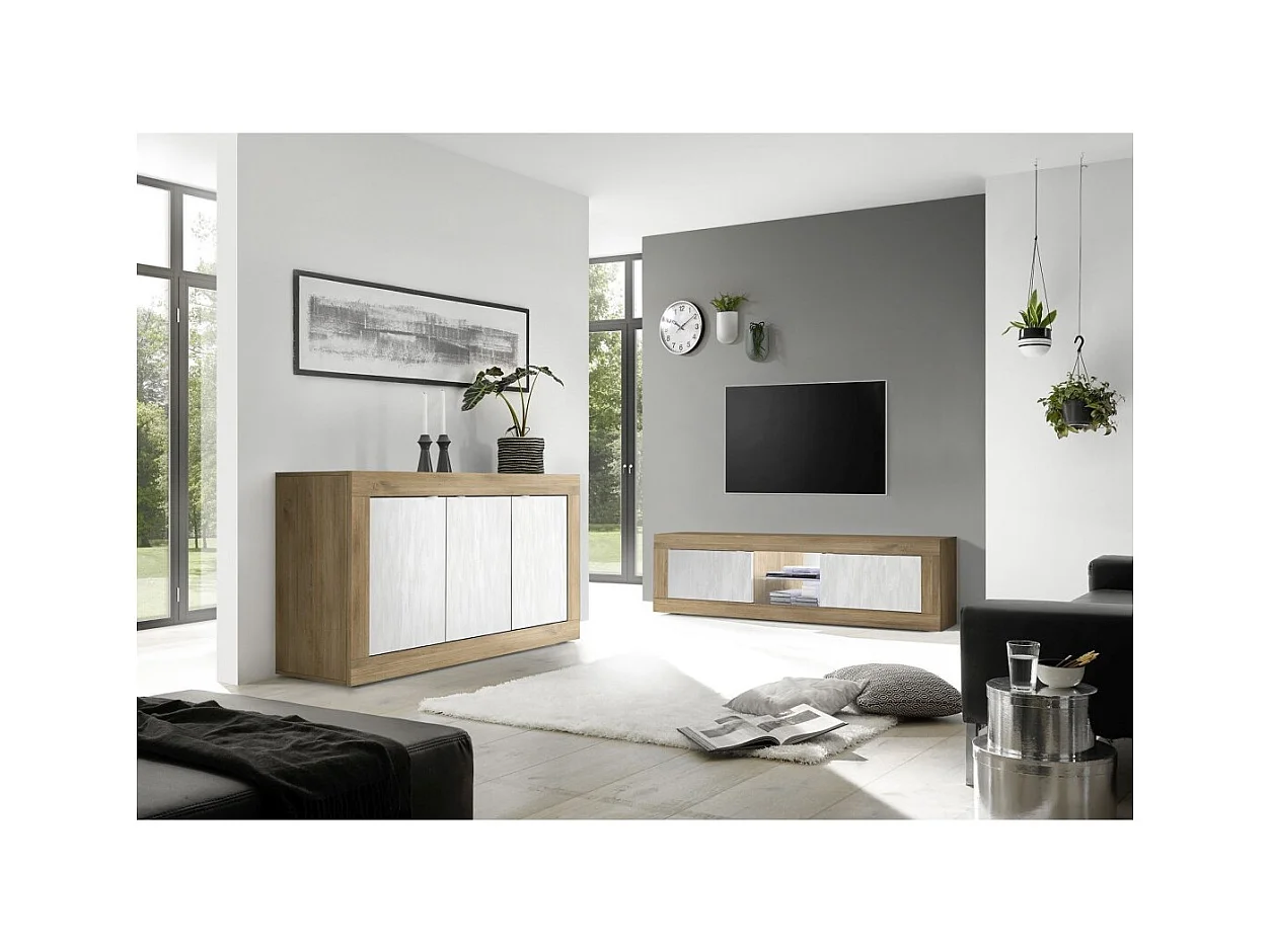 Meuble TV 2 portes sans éclairage ACCESS. Coloris blanc et chêne foncé