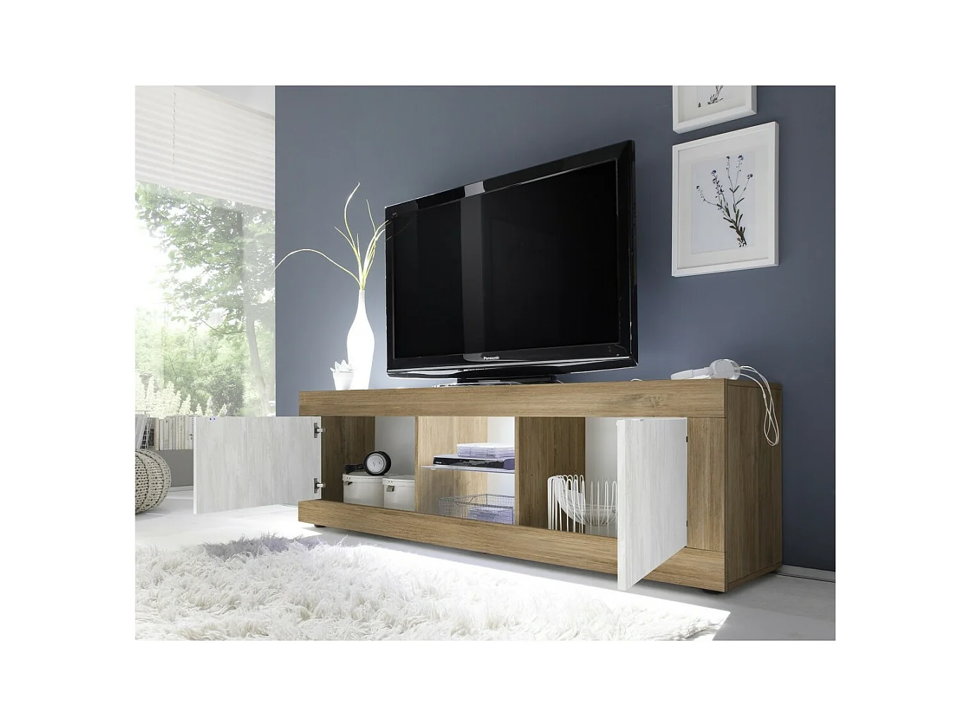 Meuble TV 2 portes sans éclairage ACCESS. Coloris blanc et chêne foncé