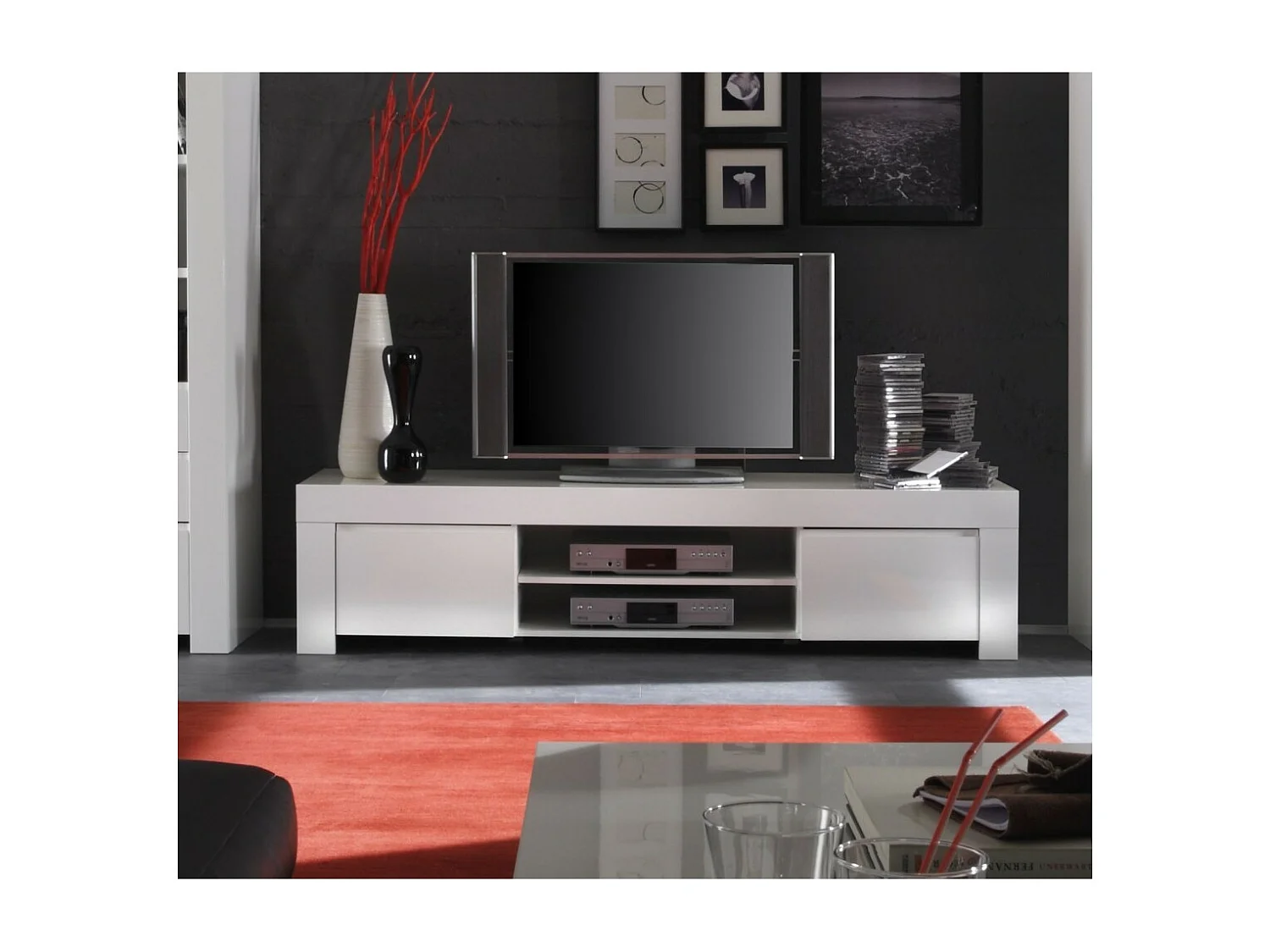 Móvel para TV 2 portas, coleção FOLOMI, cor branco laqueado brilhante