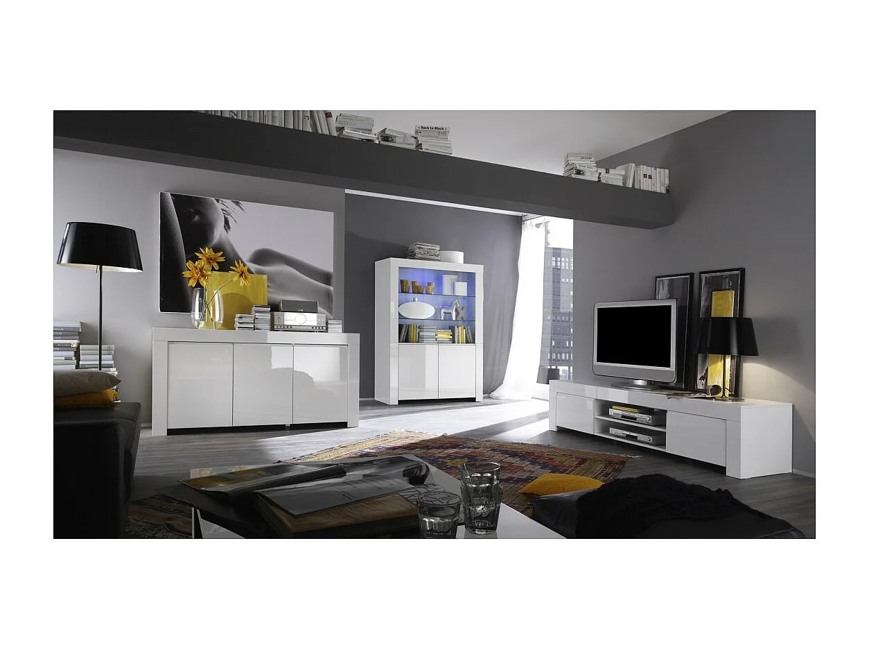 Móvel para TV 2 portas, coleção FOLOMI, cor branco laqueado brilhante