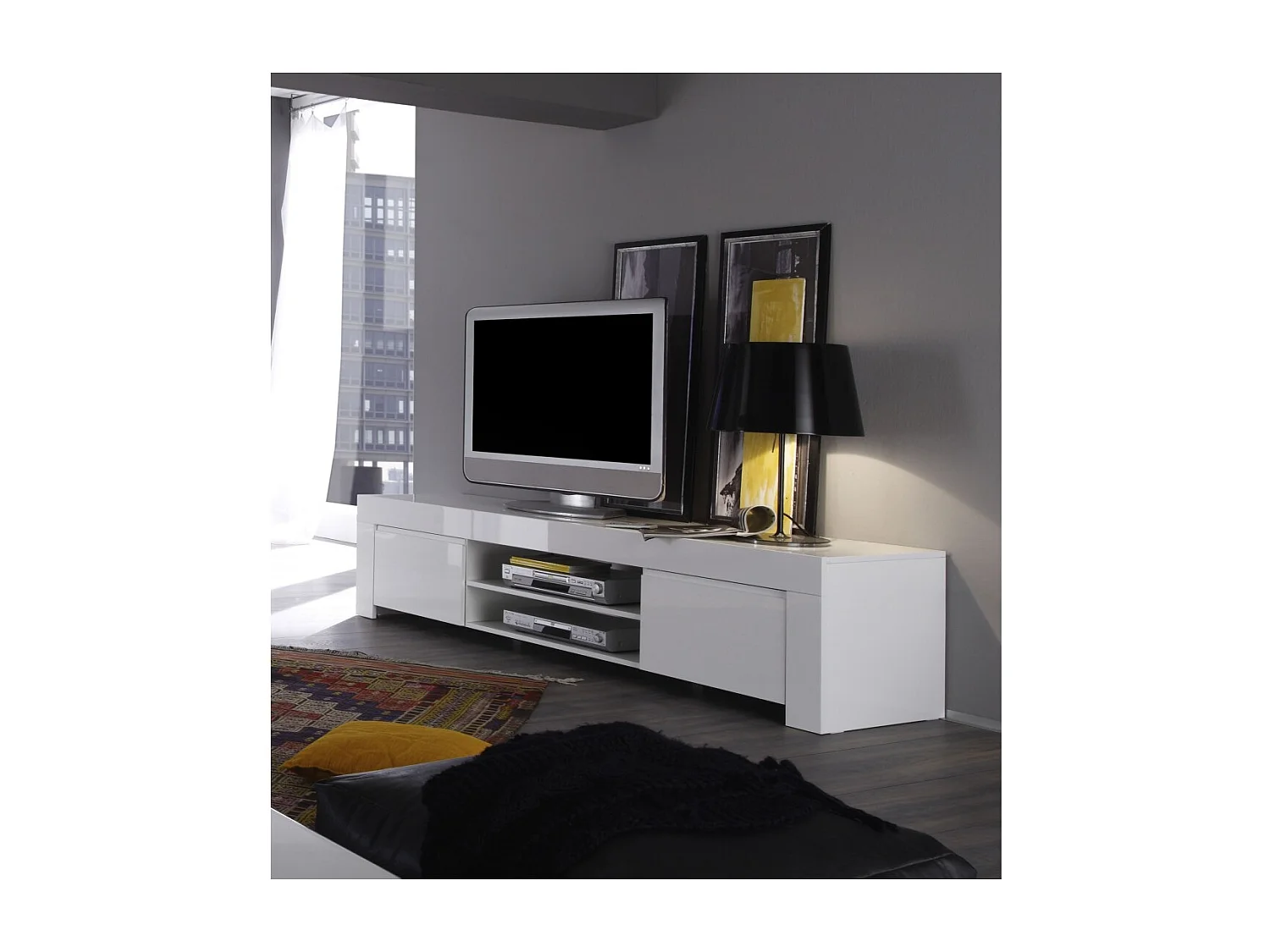 Móvel para TV 2 portas, coleção FOLOMI, cor branco laqueado brilhante