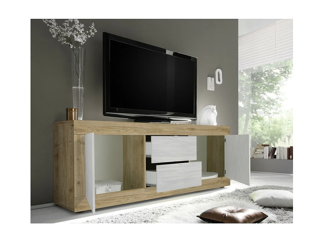 Buffet 4 portes, collection SKY, blanc laqué, idéal pour cuisine/salle à manger design