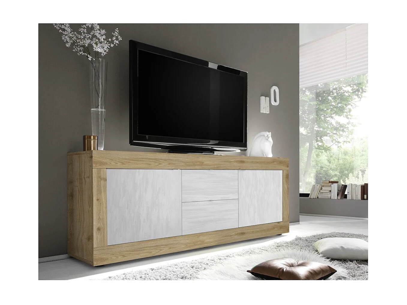 Buffet 4 portes, collection SKY, blanc laqué, idéal pour cuisine/salle à manger design