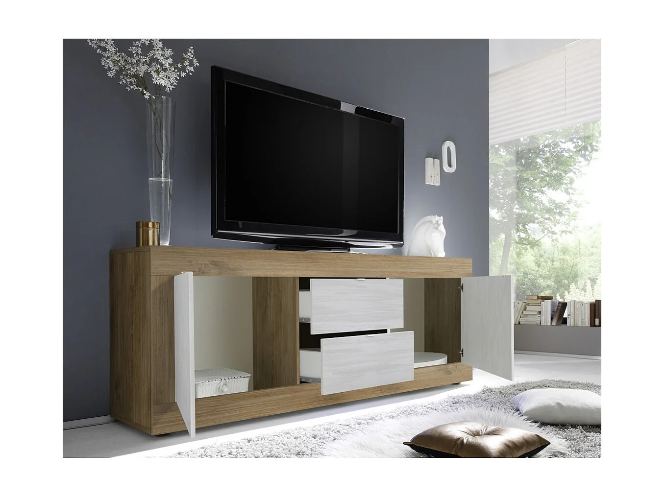 Bufé de 4 puertas, colección SKY, roble negro, ideal para cocina/comedor de diseño.