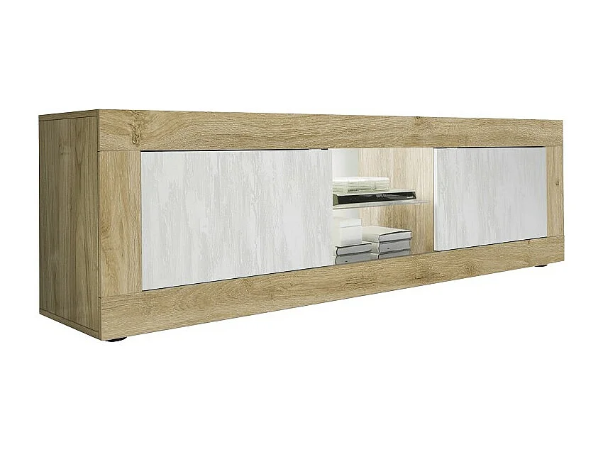 Móvel para TV com 2 portas sem iluminação ACCESS. Cores branco e carvalho claro.
