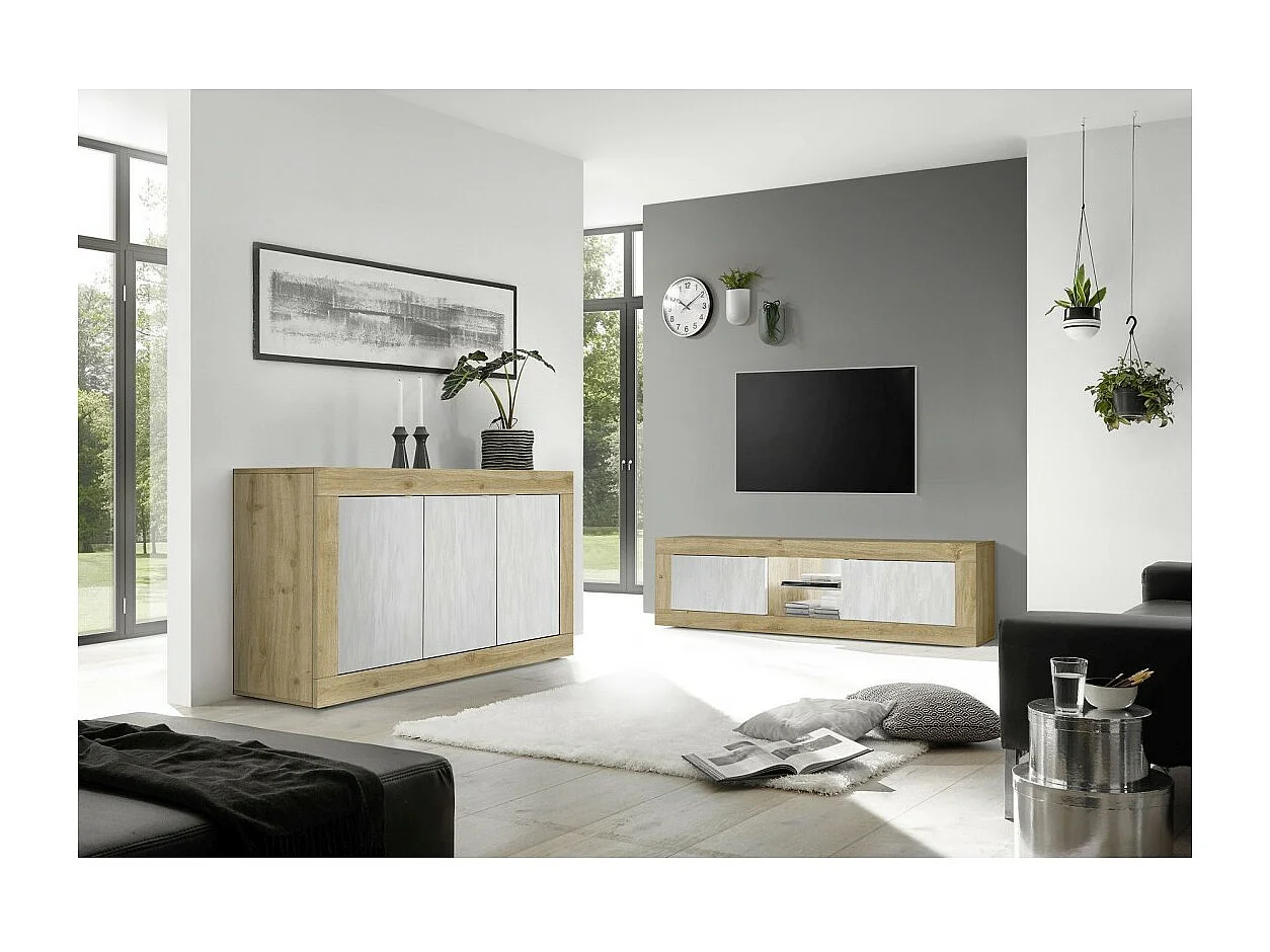 Móvel para TV com 2 portas sem iluminação ACCESS. Cores branco e carvalho claro.