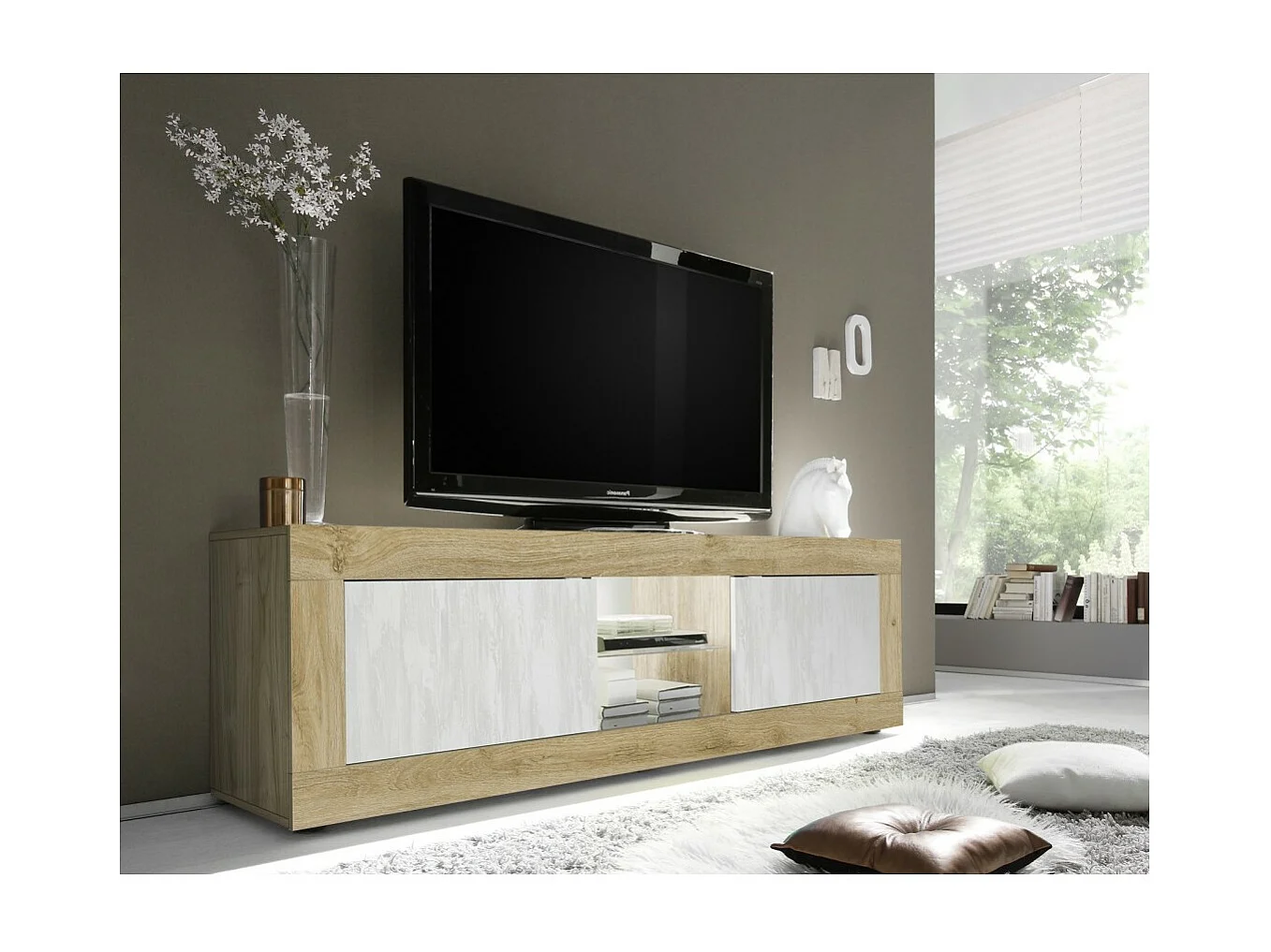 Móvel para TV com 2 portas sem iluminação ACCESS. Cores branco e carvalho claro.