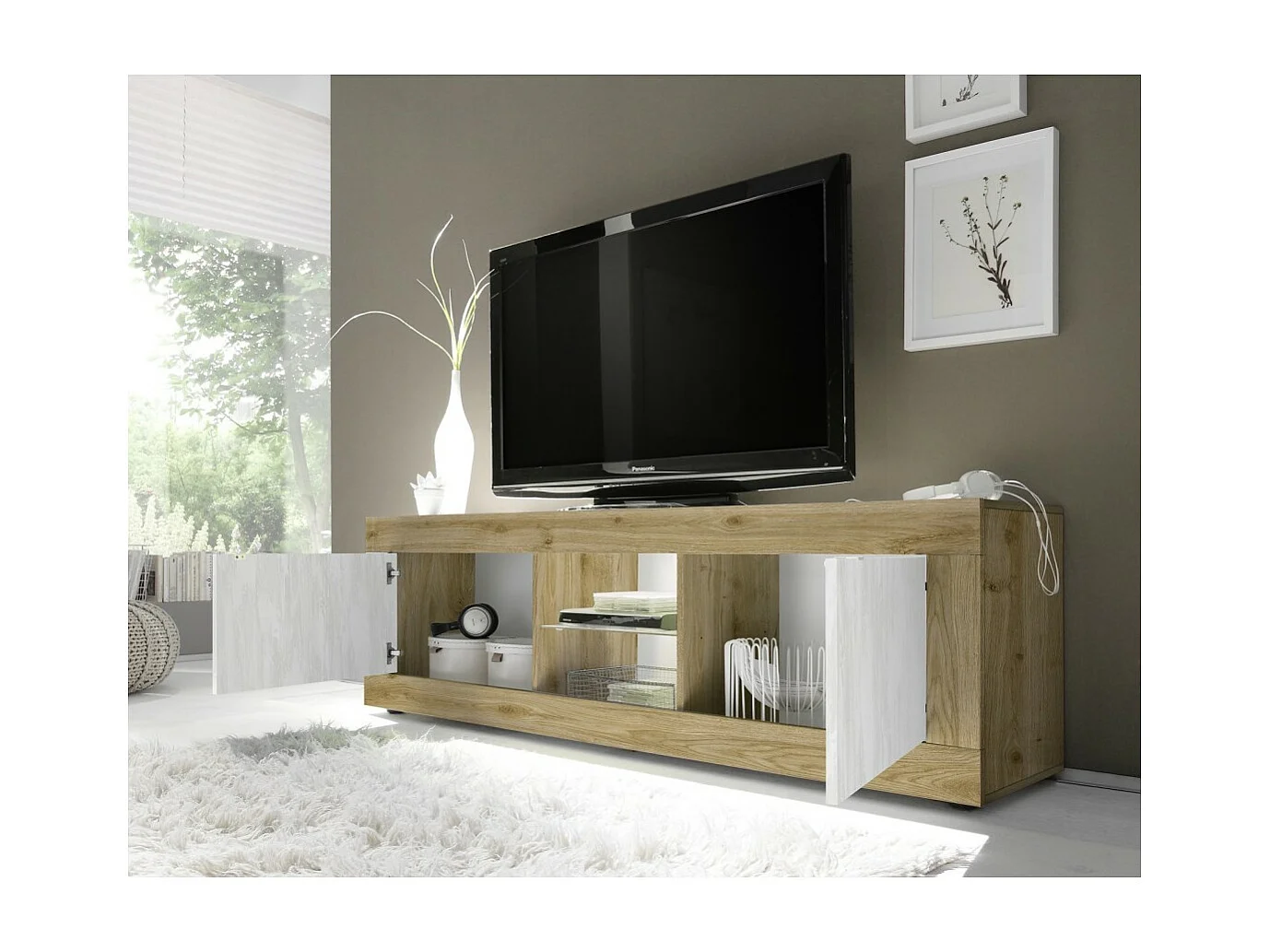 Móvel para TV com 2 portas sem iluminação ACCESS. Cores branco e carvalho claro.