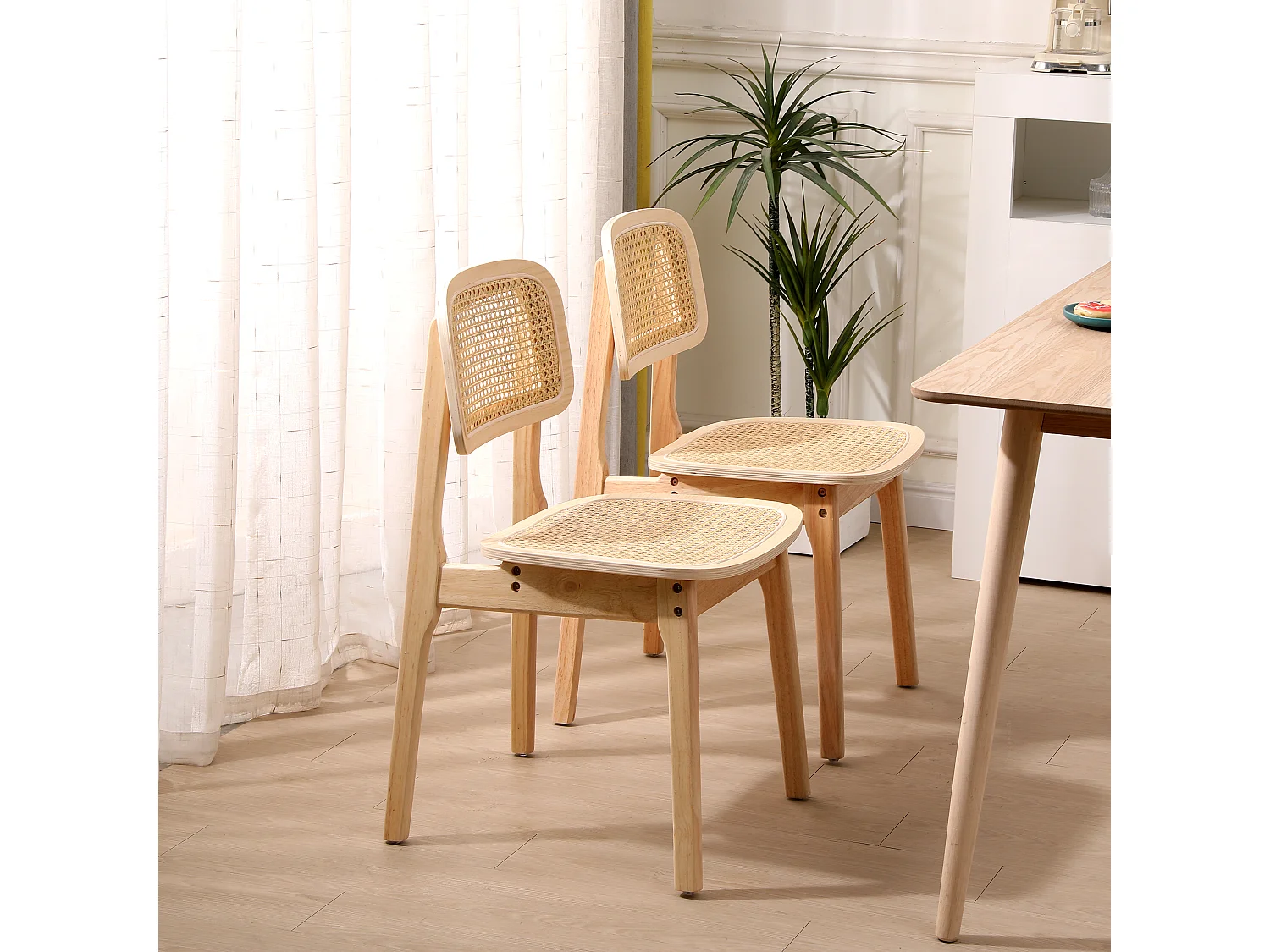 Lot de 2 chaises en bois massif et rotin naturel
