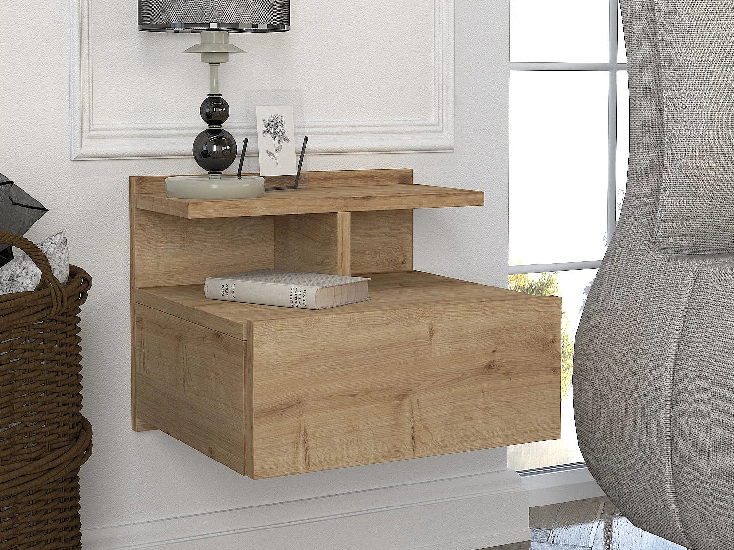 Lot de 2 tables de chevet suspendues - 1 tiroir - Coloris : Naturel - AZELNO