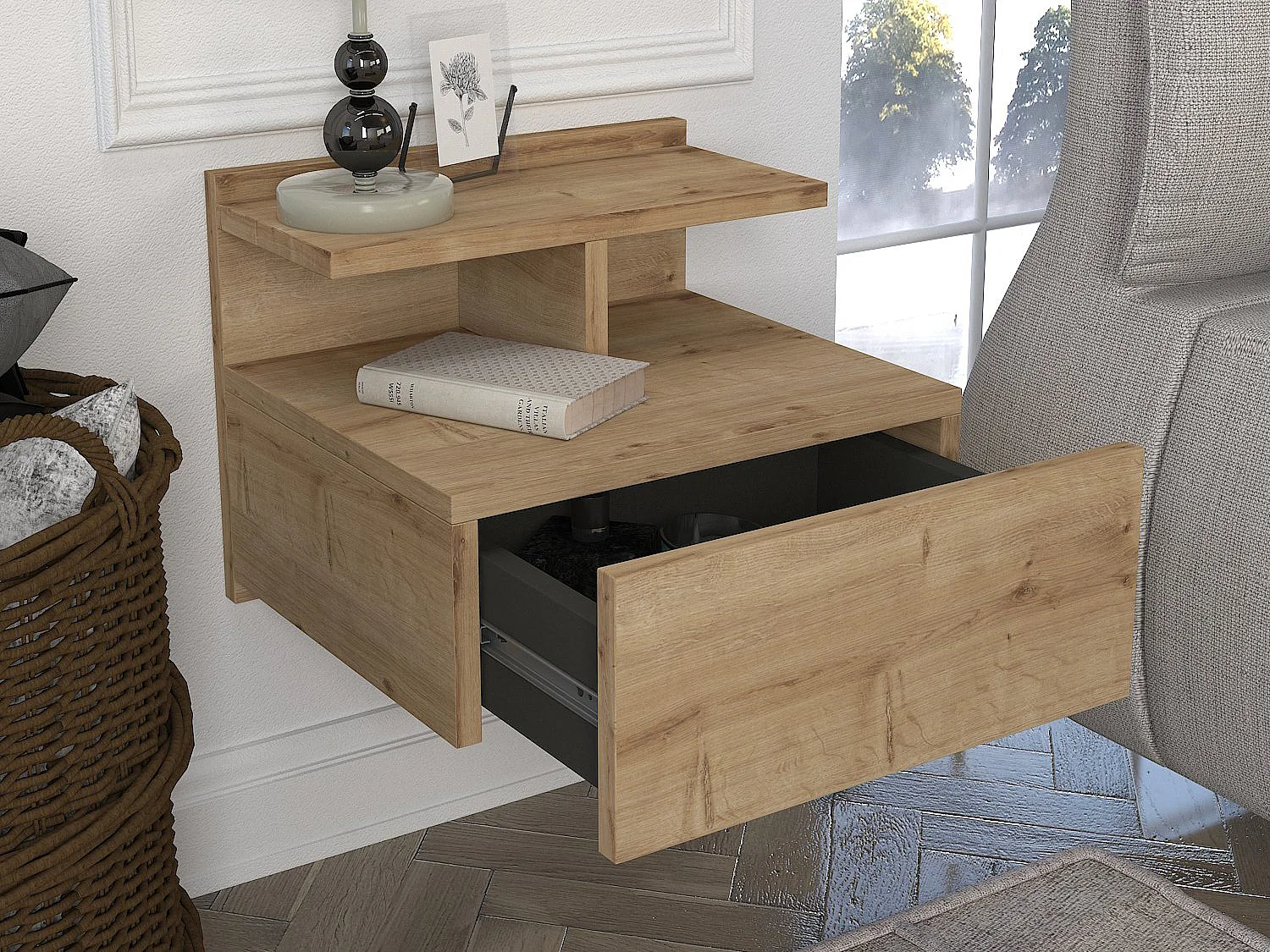 Lot de 2 tables de chevet suspendues - 1 tiroir - Coloris : Naturel - AZELNO