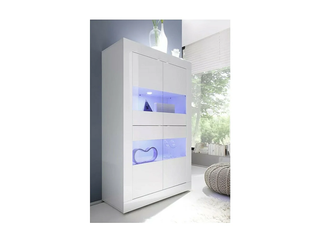 Vitrine 4 portes en verre sans éclairage, collection ISORA, coloris blanc laqué brillant