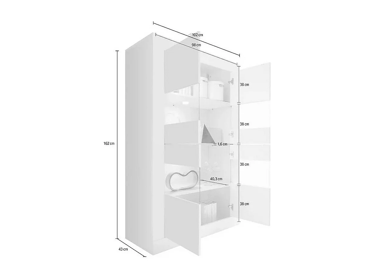 Vitrine 4 deuren in glas zonder verlichting, collectie ISORA, kleur glanzend wit lak